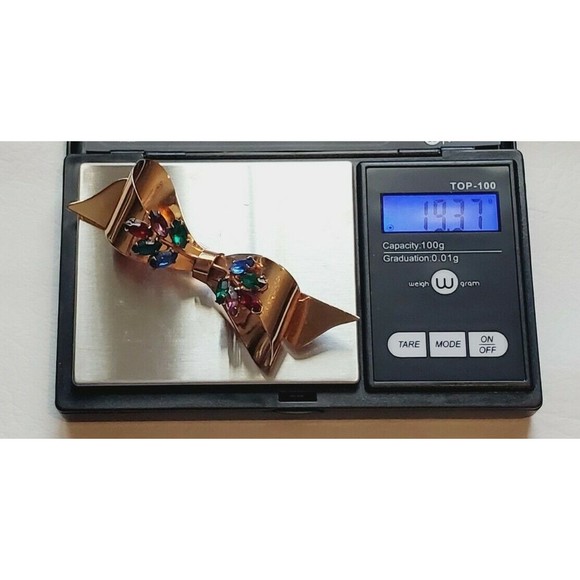 Rare Vintage Signed Coro Sterling Craft Multi-Color Rhinestone Bow Brooch Pin - Picture 8 of 8